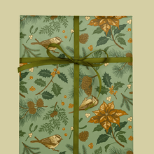 Load image into Gallery viewer, Recyclable Gift Wrap Yuletide Chickadee (White &amp; Green): Plastic Wrapped
