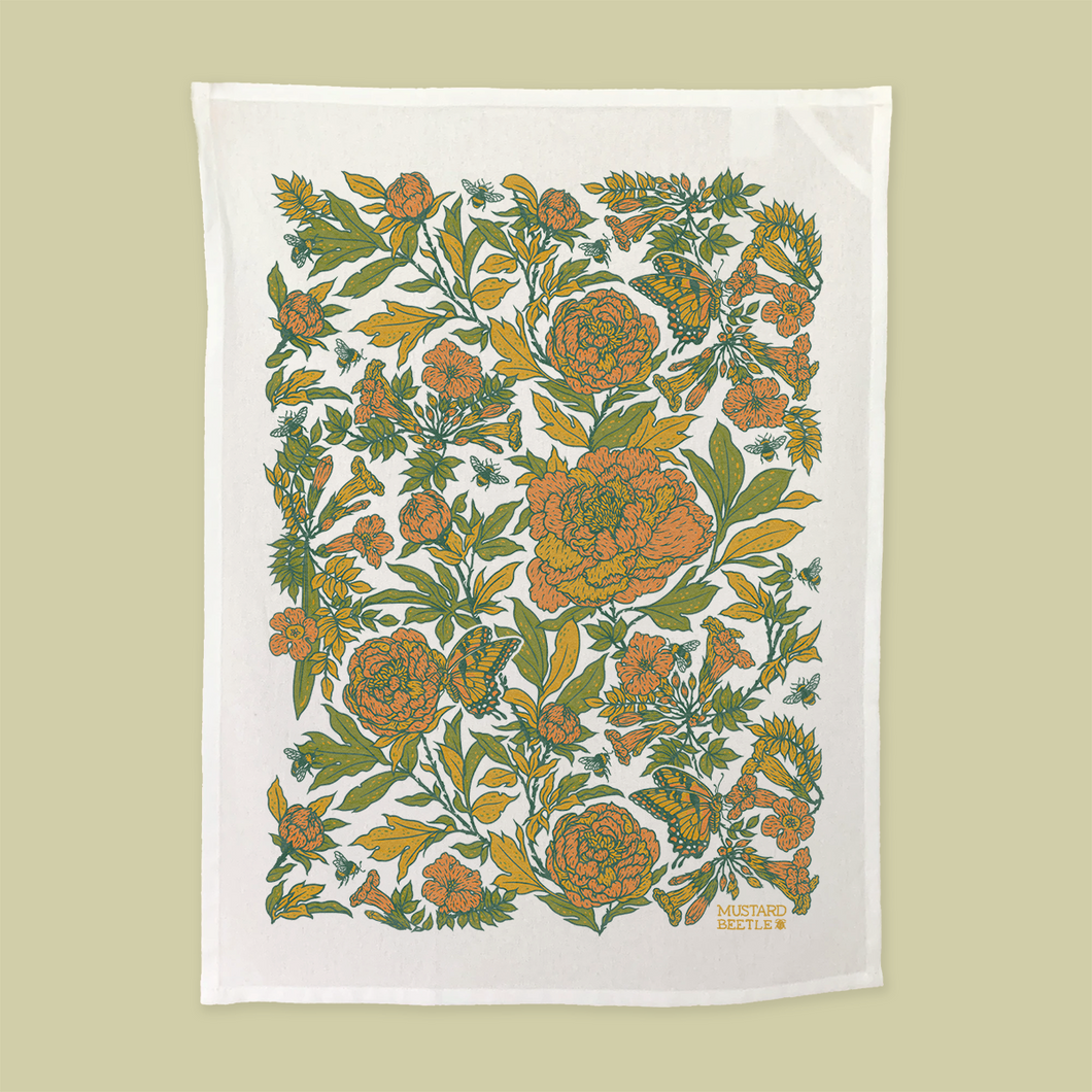 Screenprinted Organic Cotton Tea Towel: Peonies
