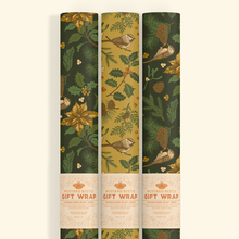 Load image into Gallery viewer, Recyclable Gift Wrap Yuletide Chickadee (Black &amp; Mustard): Plastic Wrapped
