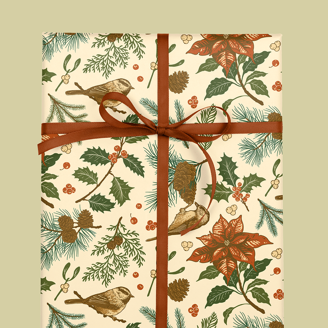 Recyclable Gift Wrap Yuletide Chickadee (White & Green): Plastic Wrapped