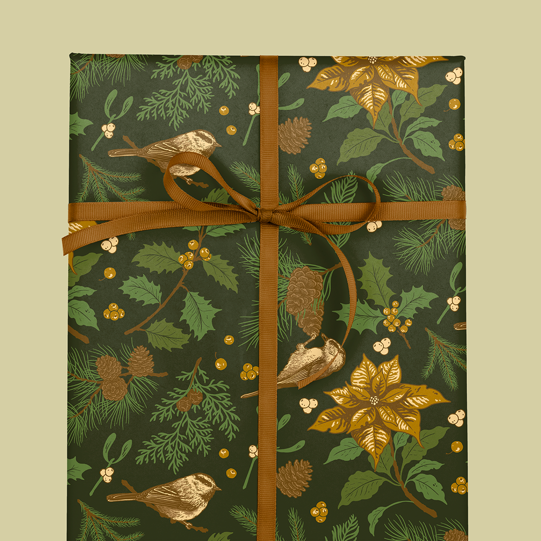 Recyclable Gift Wrap Yuletide Chickadee (Black & Mustard): Plastic Wrapped