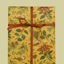 Load image into Gallery viewer, Recyclable Gift Wrap Yuletide Chickadee (Black &amp; Mustard): Plastic Wrapped
