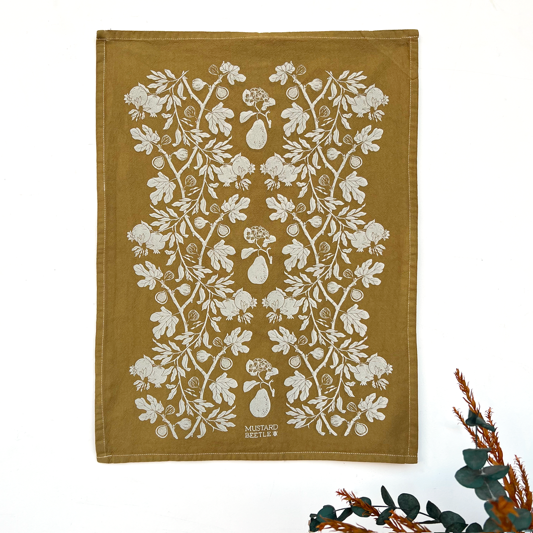 Hand Dyed + Screenprinted Organic Cotton Tea Towel: Figs: Eggshell