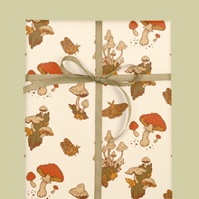 Load image into Gallery viewer, Recyclable Gift Wrap / Wrapping Paper: Mushrooms (Green &amp; Cr: Plastic Wrapped
