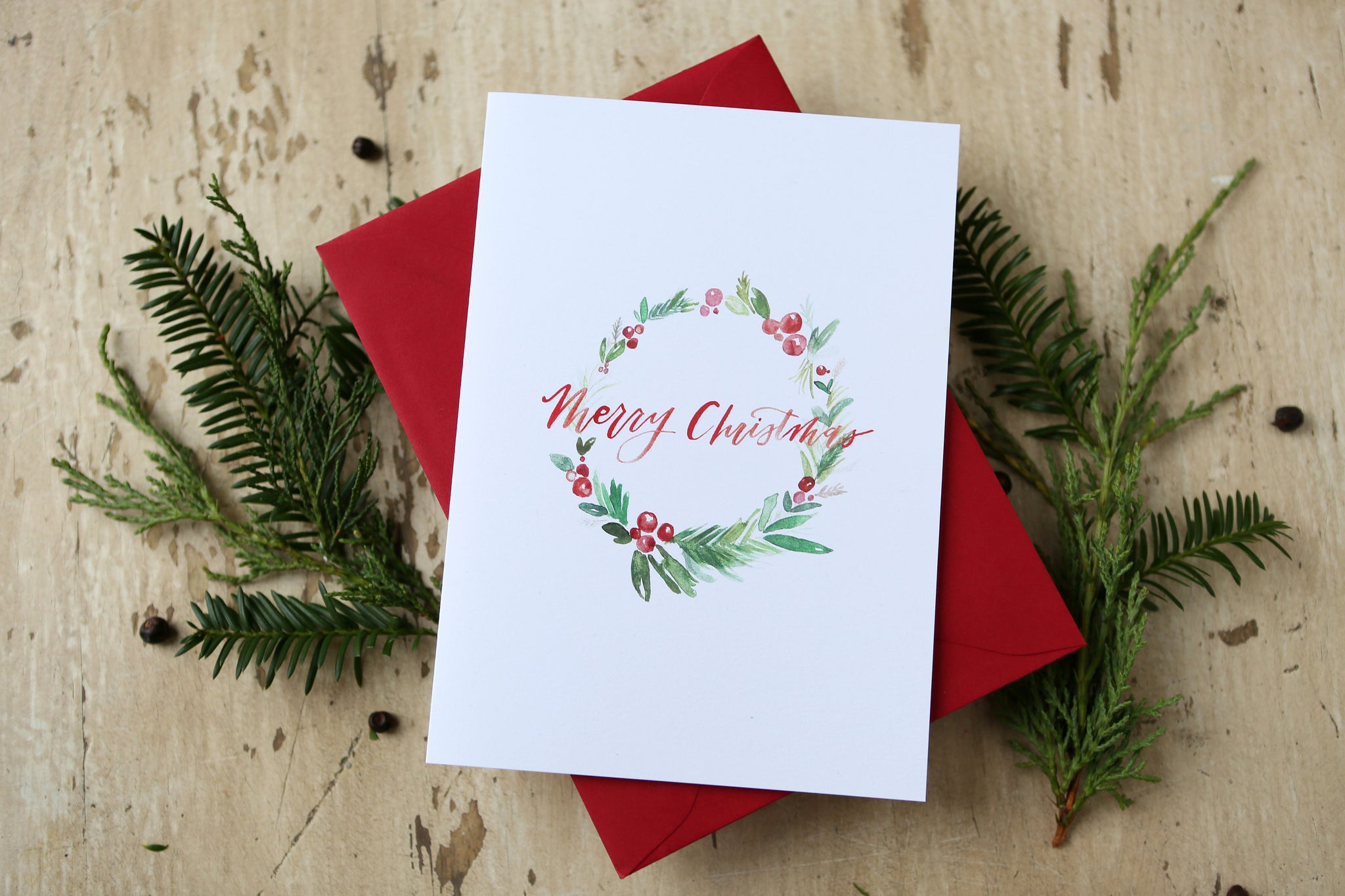 Christmas Card | Merry Christmas Watercolor Wreath